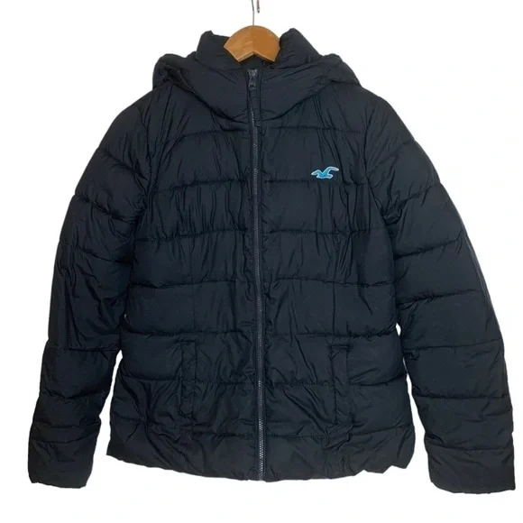 15. Hollister Black Winter Puffer Jacket Size Large Hooded - Picture 1 of 16